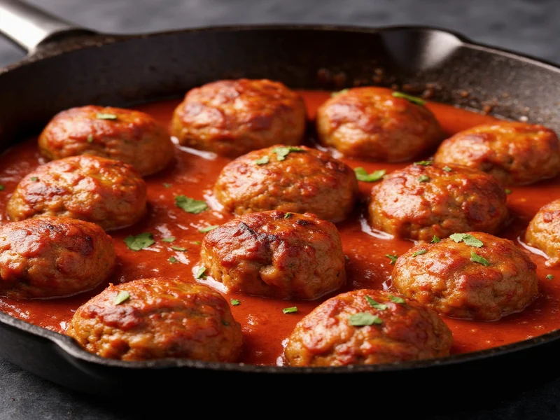 Sizzling meatballs in cast iron skillet with tomato sauce