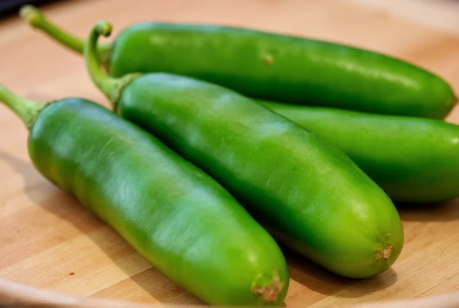 Close-up view of fresh jalapeño peppers showing their smooth skin and vibrant green color on a wooden cutting board