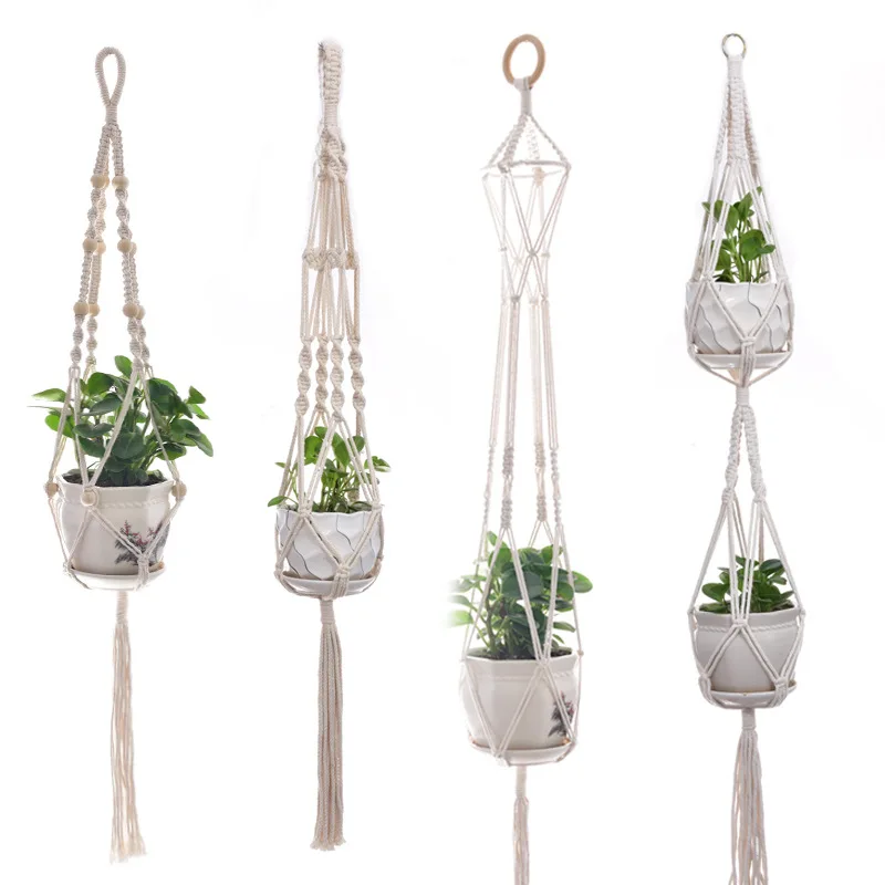 

H507 Multi Style Woven Hemp String Pot Planter Hang Up Plant Cotton Hanging Flower Basket Rope, Multi colour