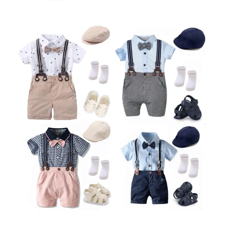 

Summer Boys Outfit Hat Shoes Baby Clothes Set Bow Tie Bib Suit Newborn 7 Pieces Party Birthday Clothes 3 6 9 1 2 18 Months