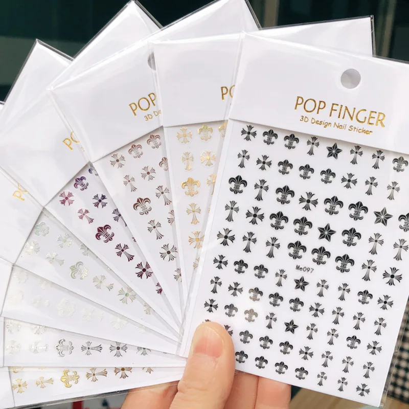 

Amazon Hot 3D New Gold Silver Cross Nail Sticker Crow Heart Designer Nail Stickers Wholesale Nail Stickers, Multicolor