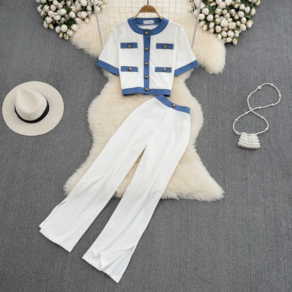 Wholesale 2026 Summer Round Neck Single Breasted Denim Contrast Color Slim Short Top Wide Leg Pants Women Set