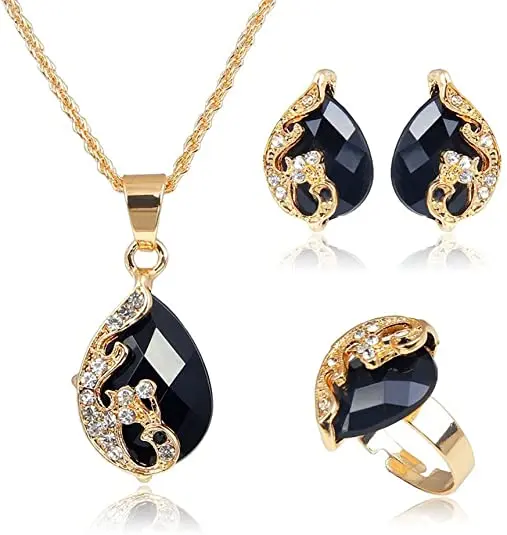 

18 K Gold Plated Jewelry Weddings Dubai Gold Necklace Earrings Rings Set Fashion Crystal Jewelry Set for Women, Picture shows