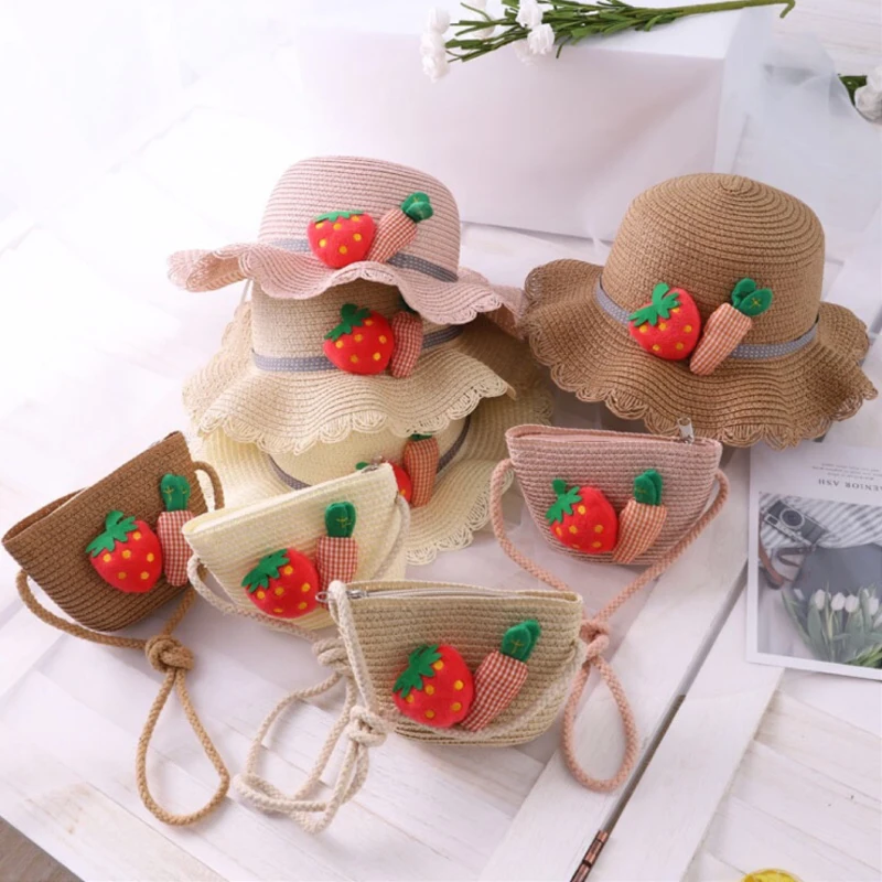 

CCYH toddler cute sun beach hat sets girls fisherman hat with crossbody bag strawberry cartoon bag+princess hat, Pictures showed