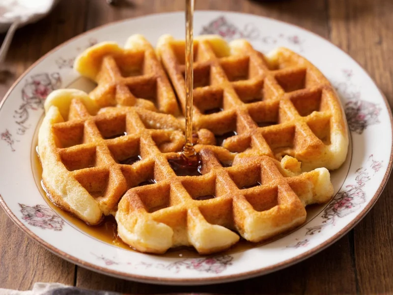 Golden brown waffles on vintage plate with syrup