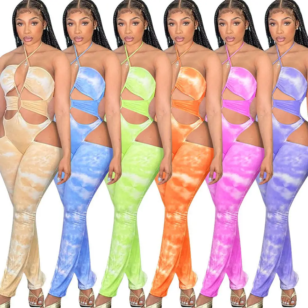 

Tie Dye Print Jumpsuit Women Summer Halter Bodysuits Hollow Out One Piece Sports Wear Womens Sexy Rompers Jumpsuits