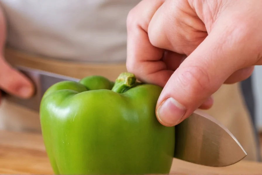 Close-up of proper claw grip technique showing fingers curled safely while guiding a knife through a green bell pepper
