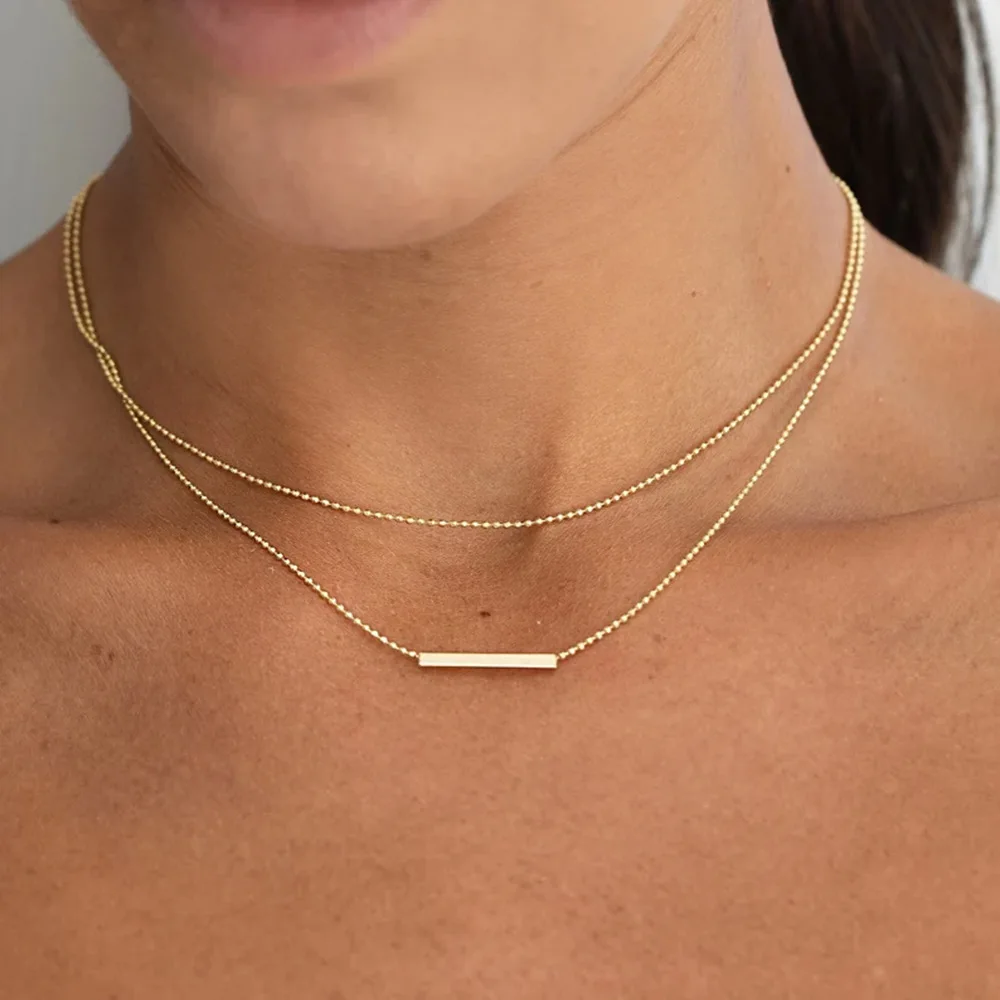 

Ins Hot Stainless Titanium Steel Necklace Gold Round Bead Chain Square Pendant Necklace Double Layer Simplest Choker Necklace