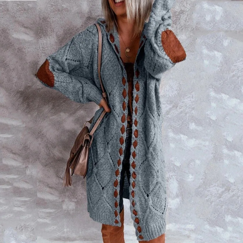 

Factory Autumn And Winter Ladies Selling Ladies Stitching Cardigan Knitting Long Hooded Sweater Cardigan Coat Women, Picture