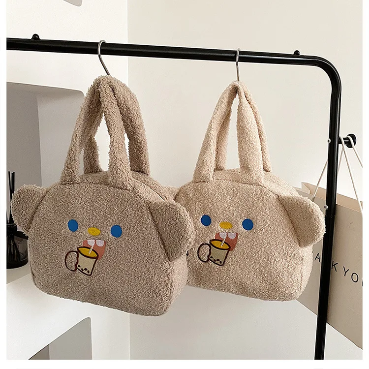 

Wholesale Bear Pattern Portable Cartoon Printed Bags Reusable Lunch Box Bag Tote Cute Handbag For Woman, Grey, beige