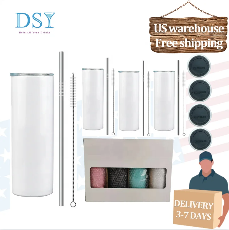 

US warehouse Blank 4 pcs per pack gift box set 20oz Sublimation Straight skinny Tumbler with metal Straw Brush rubber bottom