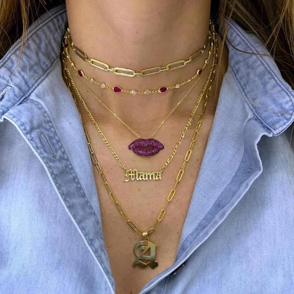 

gold micro pave ruby pink cubic zirconia red lip necklace, Customized