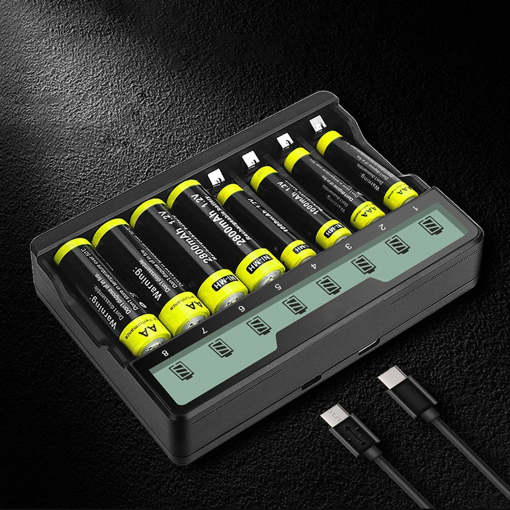 8 Bay AA AAA Battery Charger USB High-Speed Charging, Independent Slot for Ni-MH Ni-CD Rechargeable Batteries No Adapter