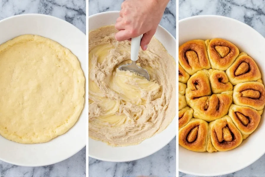 Step-by-step process of making cheesecake cinnamon rolls showing dough preparation, cheesecake filling application, and final baked product