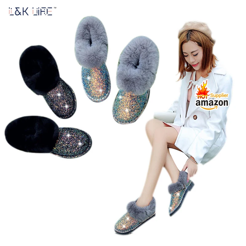 

Factory wholesale winter padded flat-bottomed warm shoes women sequins soft snow boots, Black, grey
