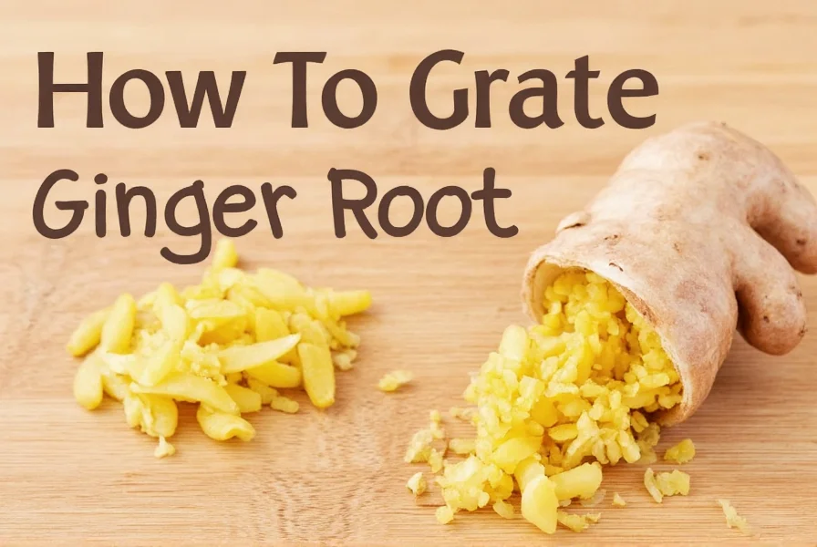 Hand holding peeled ginger root being grated on a microplane zester over a small bowl