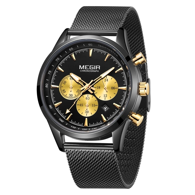 

Erkek Saat MEGIR 2153 Original Brand Mesh Stainless Steel Luxury Men Wrist Watches Fashion Chronograph Quartz Watch, Black, silver, rose gold, gold