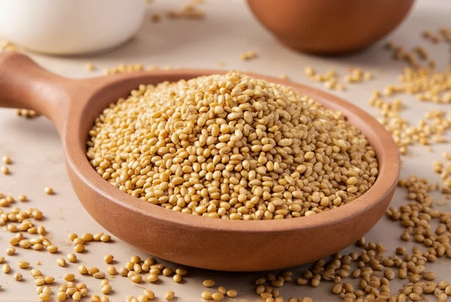 Man measuring fenugreek powder into a smoothie with fresh ingredients