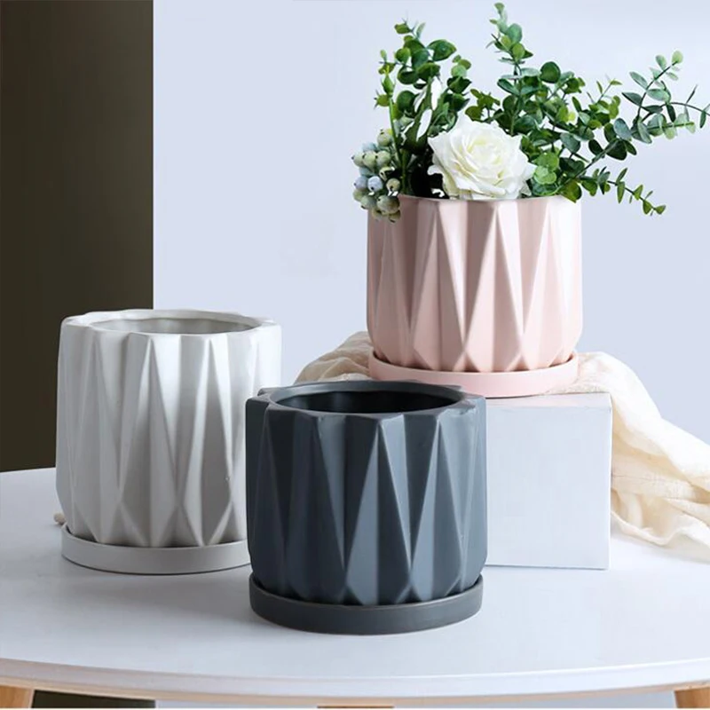 

China wholesale indoor garden geometric flower planter pots ceramic pots for plants, White, grey, black,pink