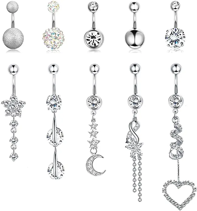 

10Pcs/Set High Quality Stainless Steel Set Jewelry Clear Cubic Zircon Belly Rings Dangle Navel For Women Girl