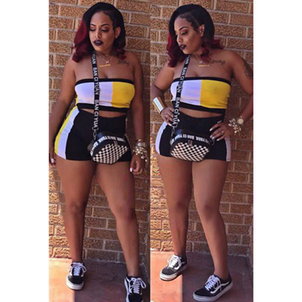 

Summer Sexy Stitching Chest Wrapped Shorts 2 Peice Short Sets Women Two Pieces Set Top Shorts, 2 colors