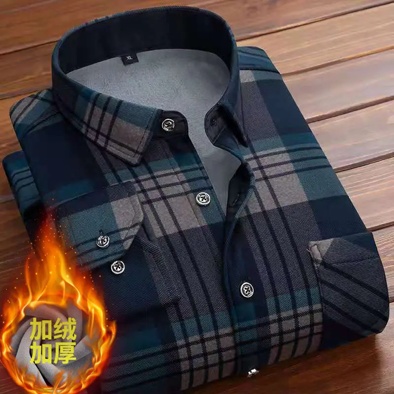 

New autumn/winter warm plush plaid men's long-sleeved shirts