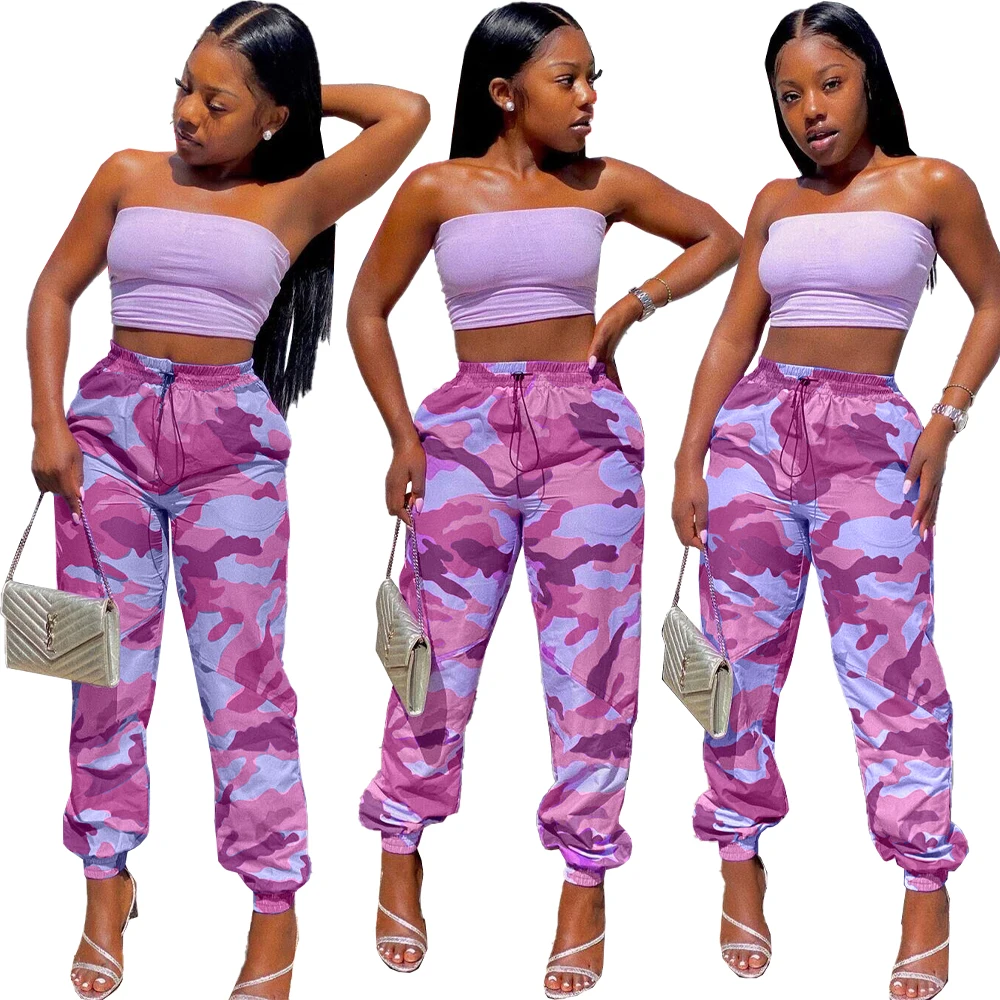 

New Arrival Casual Lady Trousers High Waist Drawstring Loose Pink Camouflage Print Street Wear Women Long Pencil Pants, Picture