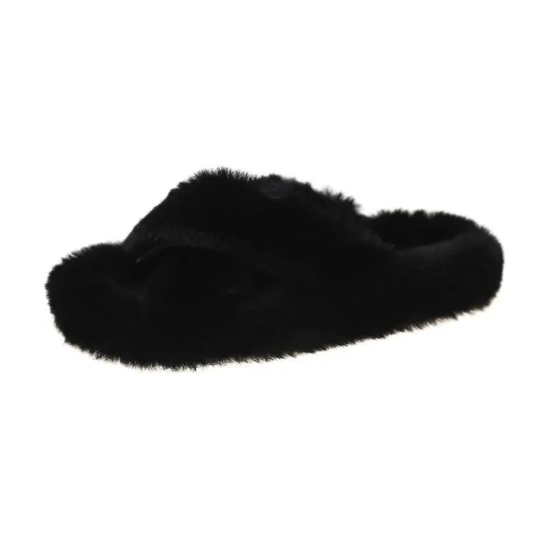 

Winter Season Women Ladies Comfort Double Cross Straps Black Color Warm Furry Mink Fur Sandals