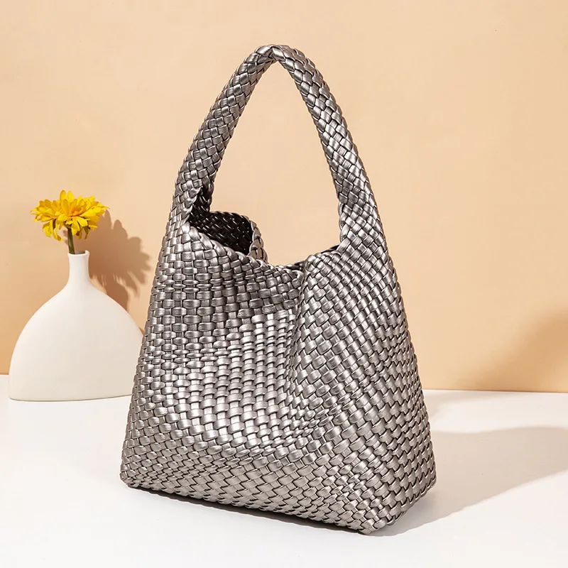 

Trendy PU Leather Women Even Woven Luxurious Handbags Fashion Casual PU Weave Tote Sling Shoulder Bags With Internal Pouch
