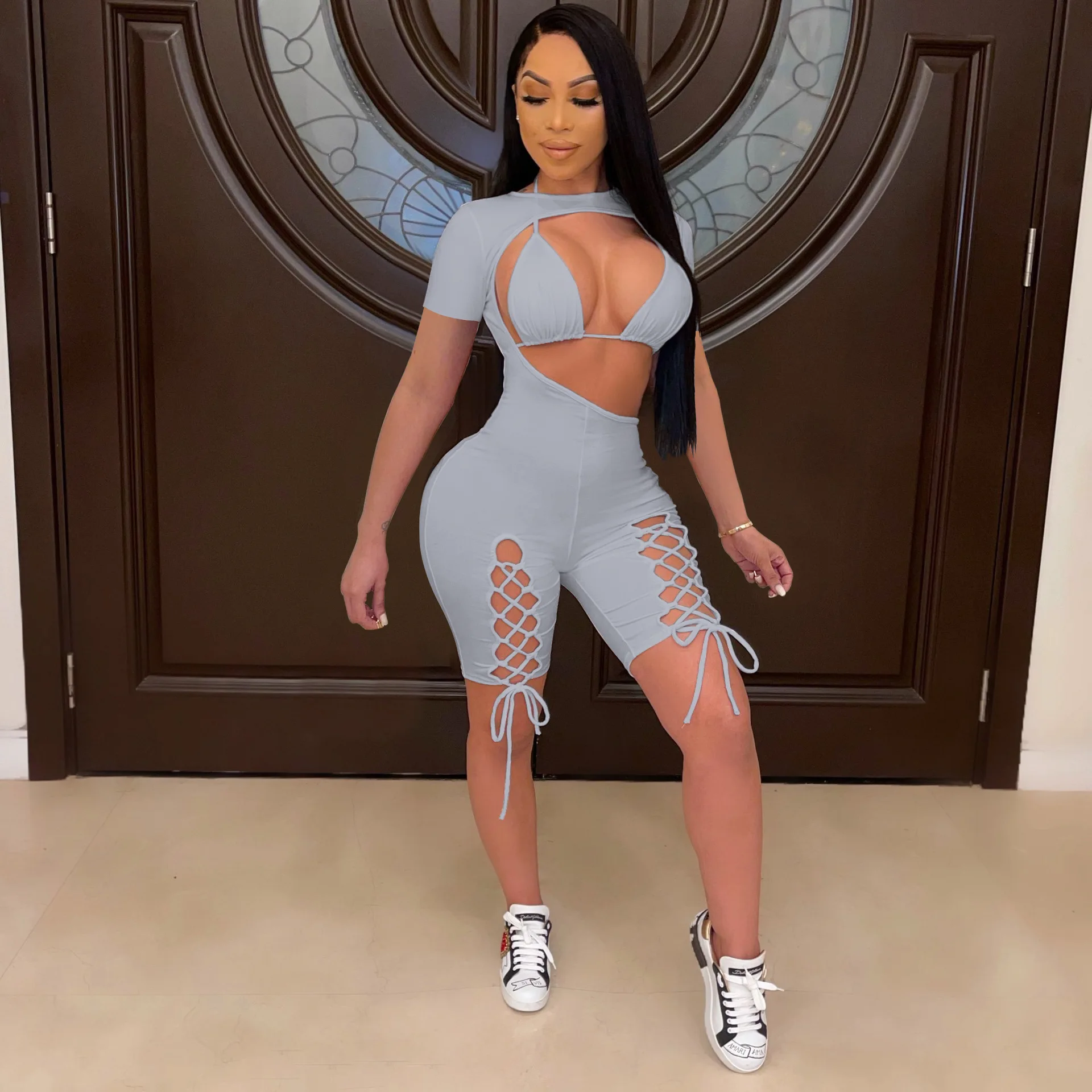 

Hot Selling Summer Sexy lace up Underwear And Hollow Out Shorts Jumpsuit Club Wear Woman Clothing Two Piece Sets