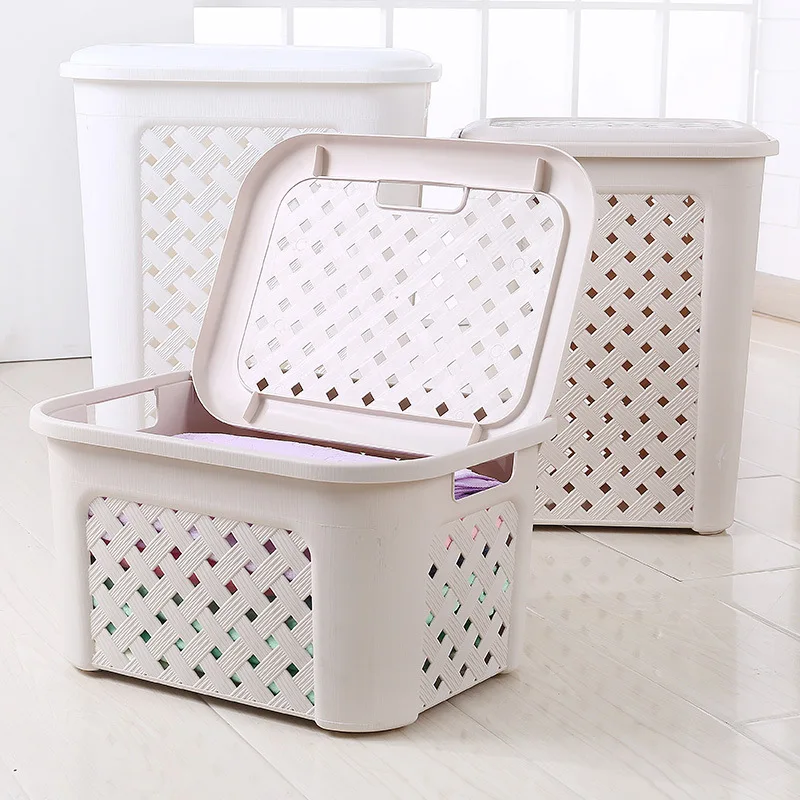 

Plastic Rattan Laundry Basket with Cover Dirty Clothes Basket Toys Storage Basket