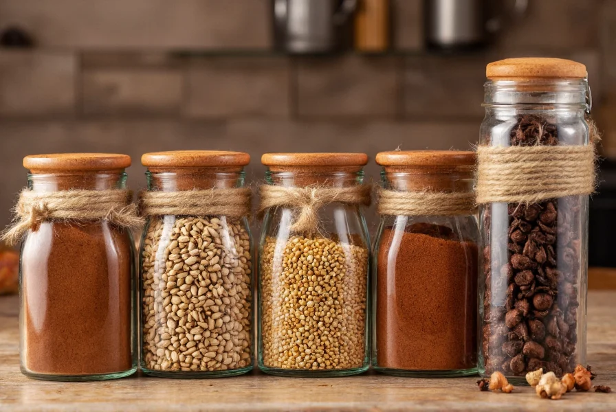 Various spice jars containing cinnamon, cardamom, cloves, and nutmeg arranged in a kitchen