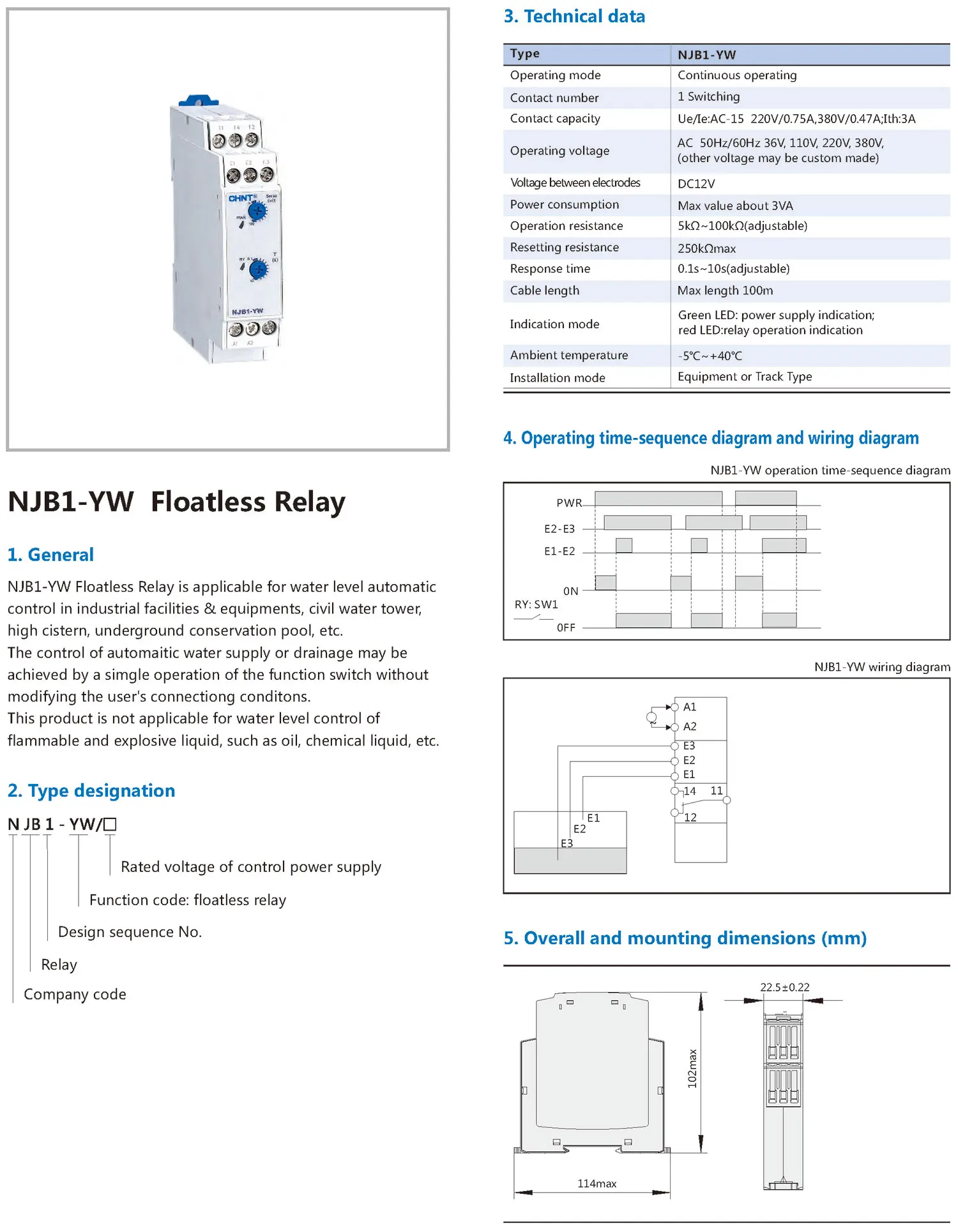 Chint original NJB1-YW 1 Switching AC 36V 110V 220V 380V Water liquid level automatic control Relay