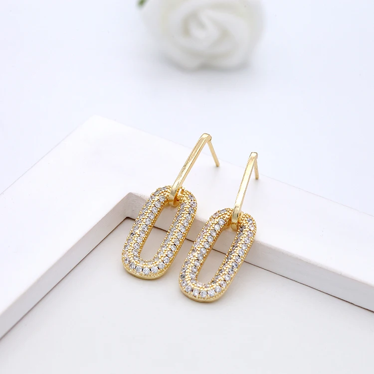 

Fashion Design 925 Silver Needle Oval Shape Micro Pave Zircon 14K Gold Plated Stud Earrings