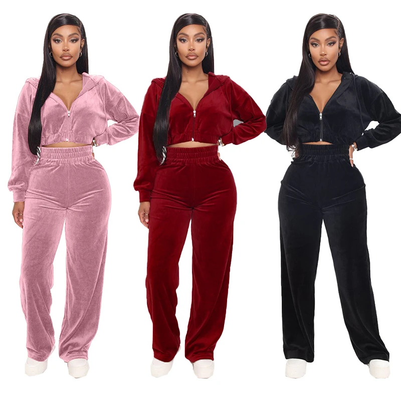 

2021 Fall Women Clothing Crop Top Hoodie Tracksuit Joggers Pants Two Piece Pants Set Women Jogging Suits Velour Lady Tracksuit