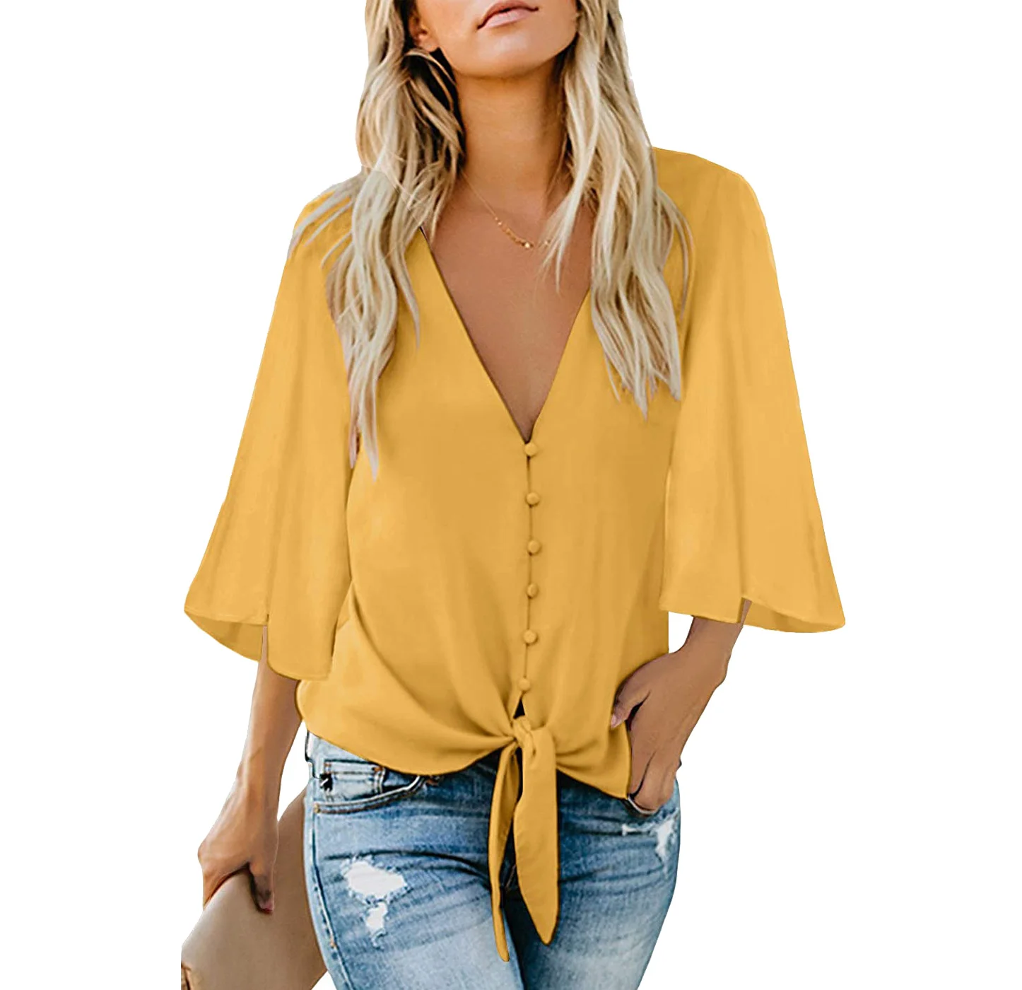 Women's V Neck Tops Ruffle Half Sleeve Tie Knot Blouses Loose Top Button Women's Casual Cotton Shirt