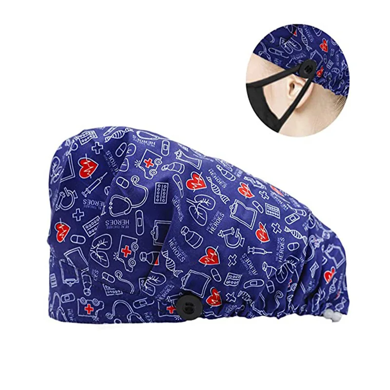 

Women Long Hair Scrub Caps Working Bouffants Hats With Buttons, Floral printed