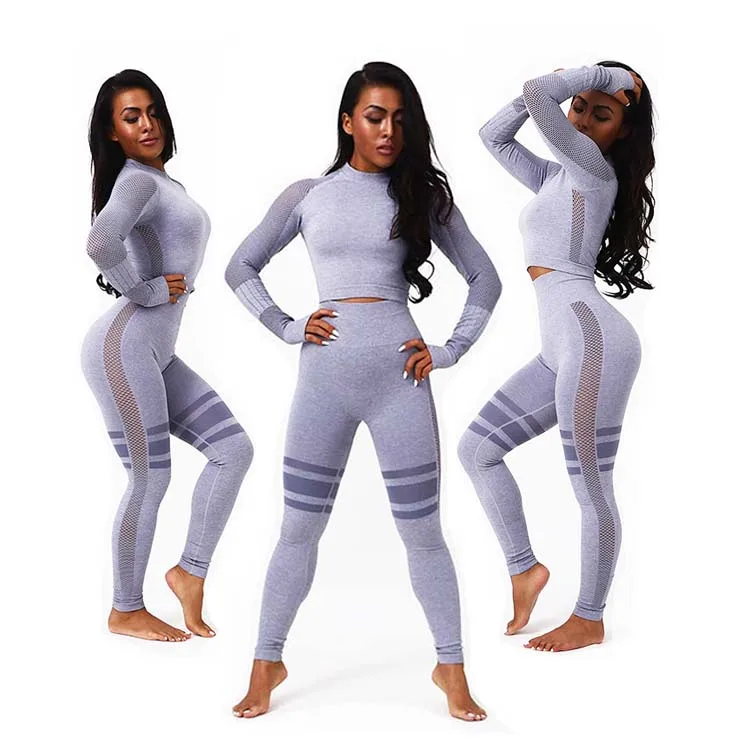 

Women workout fitness clothes light grey yoga gym leggings long sleeve top two piece yoga set, Pink/ blue / light grey