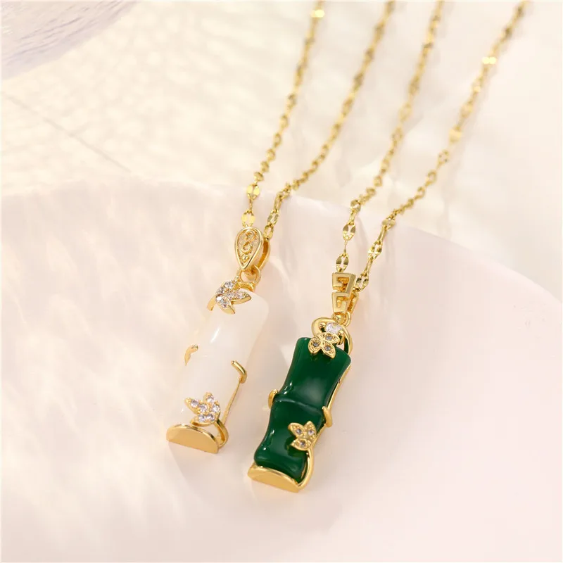 

Real Gold Plated Stainless Steel Necklace Korean Jade Long Bamboo Shape Pink Natural Jade Pendant Necklace for Women Girls