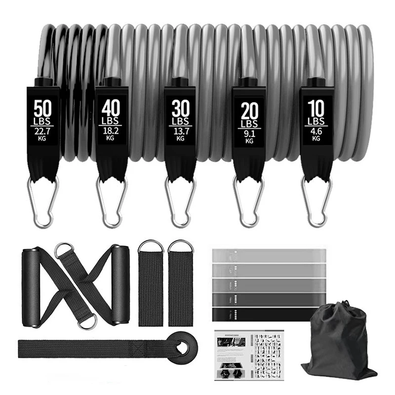 

Gym Fitness Equipment 5 Set Loop Resistance Band Kit Workout Training Tubes With Door Ankor, Gradient gray color