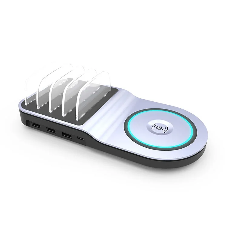 
Fast Charging Station with 4 USB Ports and 1 Qi Wireless Charging Pad for iPhone, iPad, Android Phones and Tablets 
