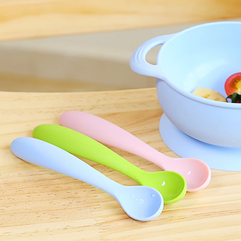 

Mini Reusable Eco Silicone Baby Eating Food Training Spoon Set Feeding Baby Spoon, Quarlz pink, cold blue, apple green