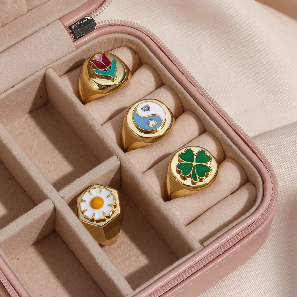 

New Clover Sun Flower Fashion Enamel Ring 18K Gold Plated Customizable Pattern Ring Wholesale