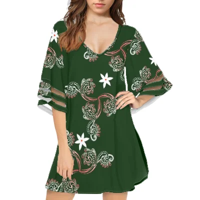 

Polynesian Samoan Tribal Design Custom V Neck Floral Print Soft Blouse Casual Loose Shirt Bell Sleeve Chiffon Blouse Dress, Customized color