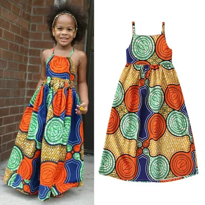 

F11077A Children Bohemian sleeveless halter backless summer dress, As picture