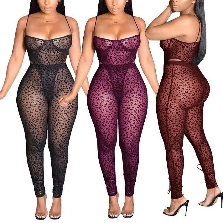 

FS2624D sexy women 2 Piece Set See Through Rompers Ladies Club Wear mesh Jumpsuits