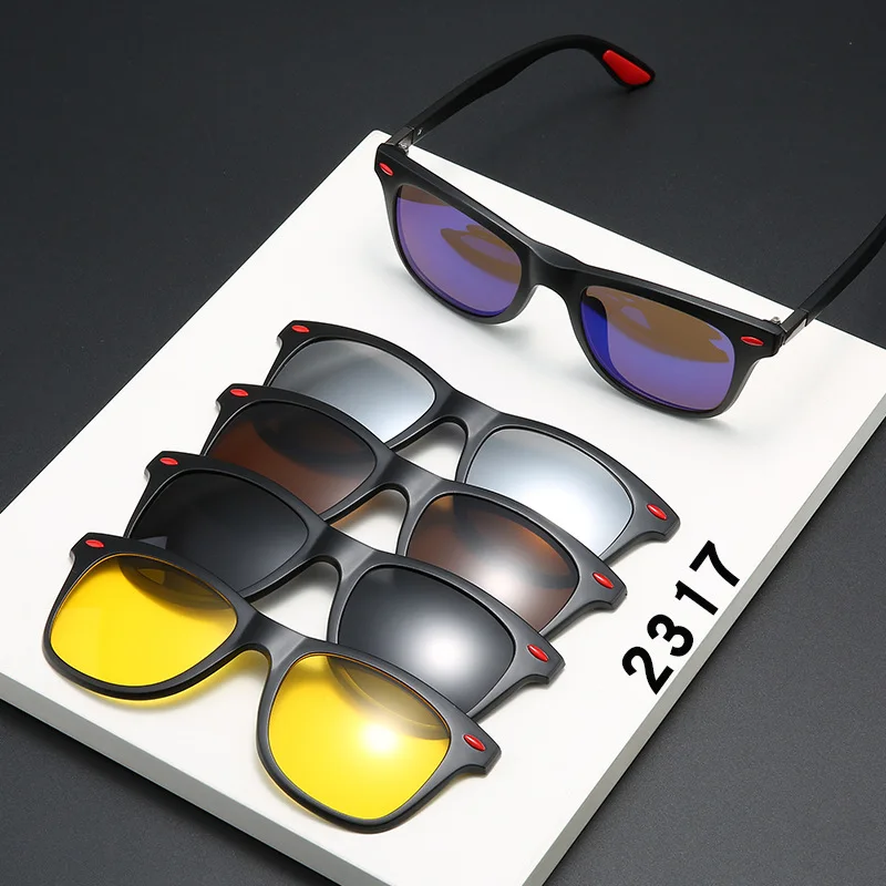 

2023 shenzhen fashion retro running acetate eyeglasses 5 in 1 clip on glasses magnetic polarized tr90 sport sunglass set for men