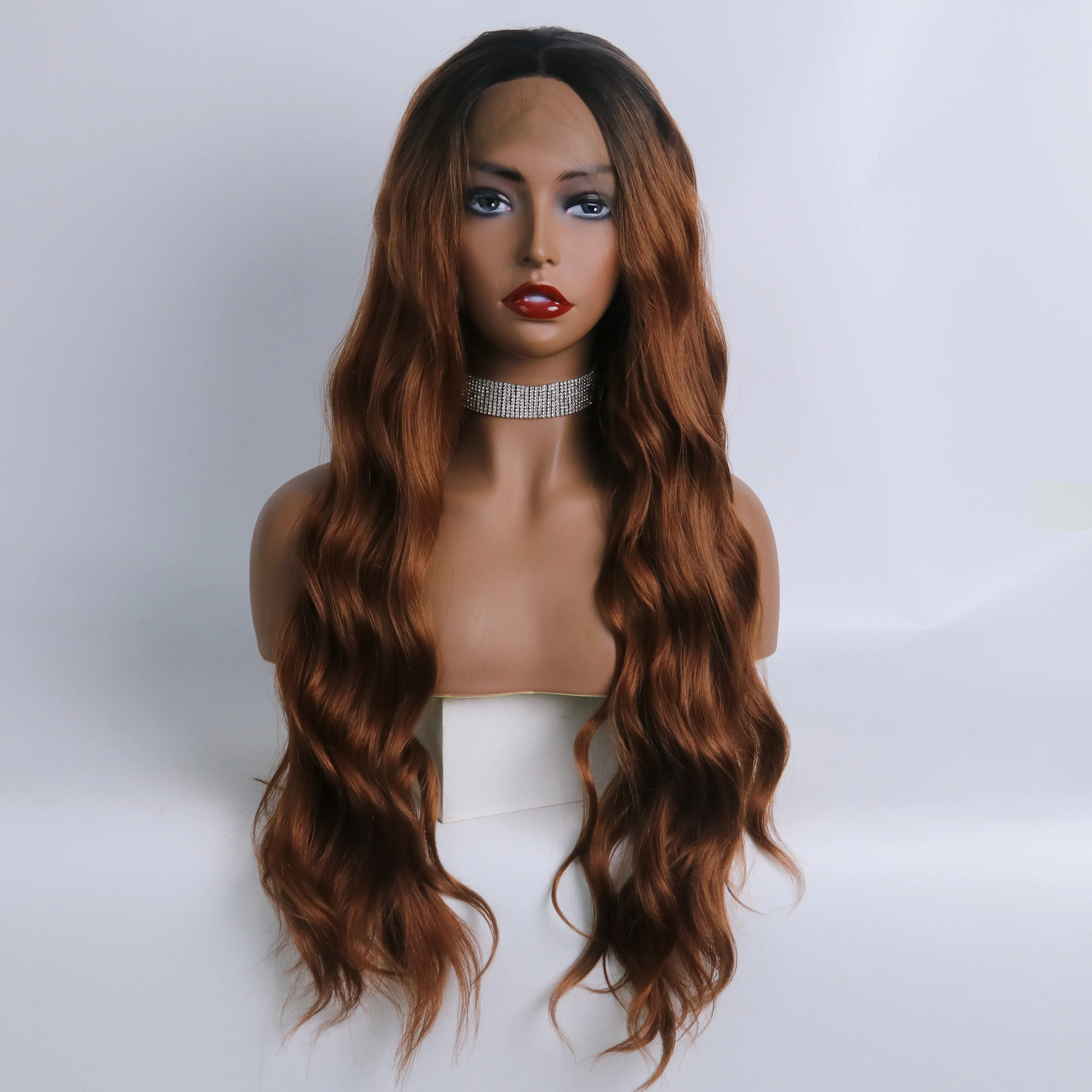 

Dark Brown ombre Dark Brown long water wave front lace wigGlueless Heat Resistant fiber long front lace wig wholesale wigs