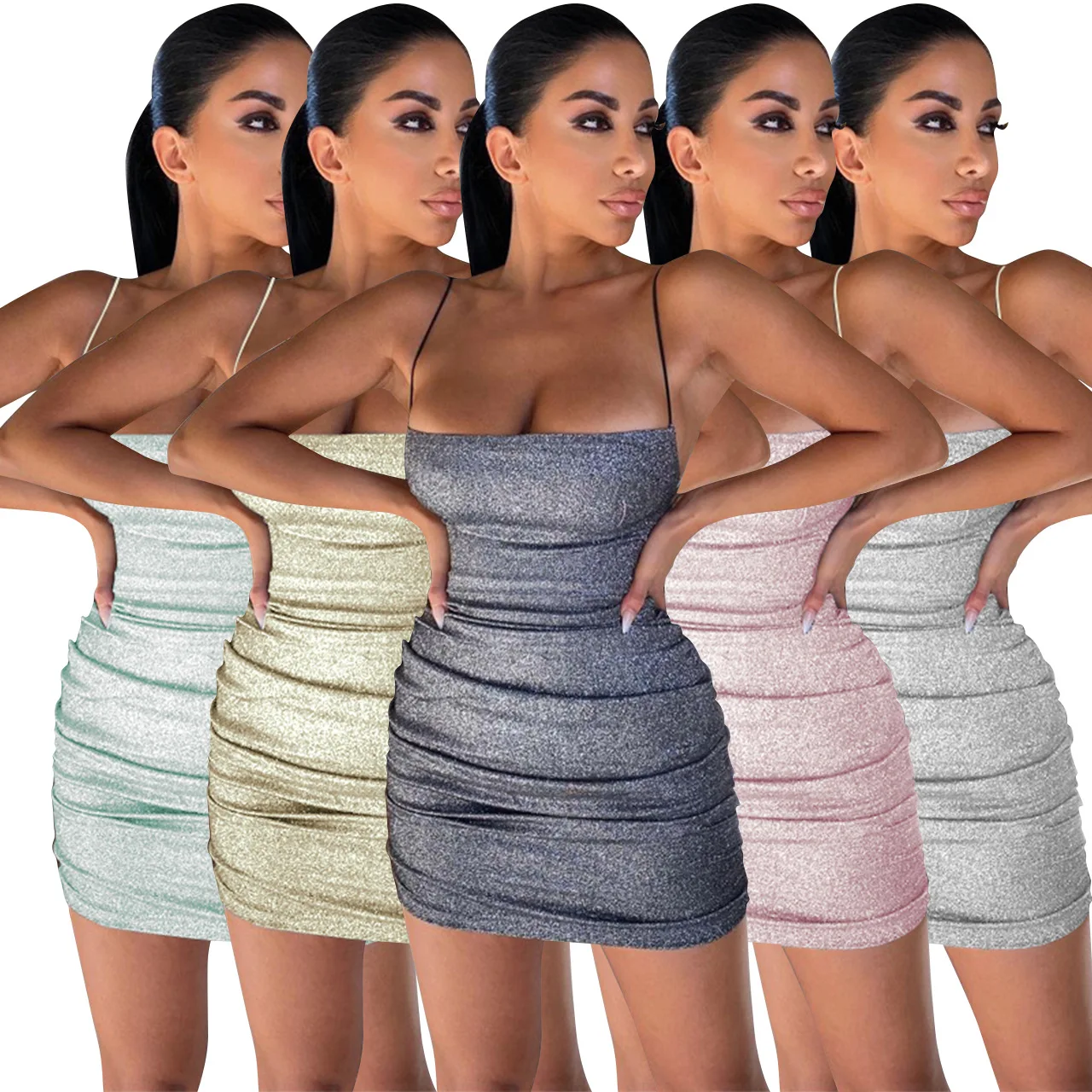 

Summer Sleeveless Bodycon Halter Dress Pleated Sequin Sexy Dress Strip Strap Nightclub Mini Dress, Customized color/as show