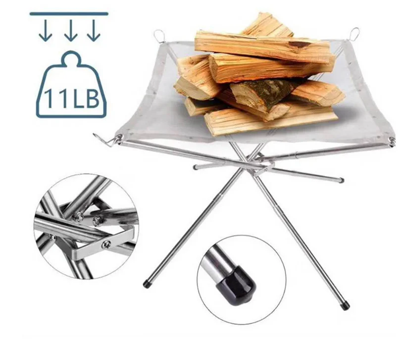 

Portable Outdoor Fire Pit 4 Legs Folding Stainless Steel Wire Mesh Fireplace Storage Bag Garden Tools for Camping, Silver